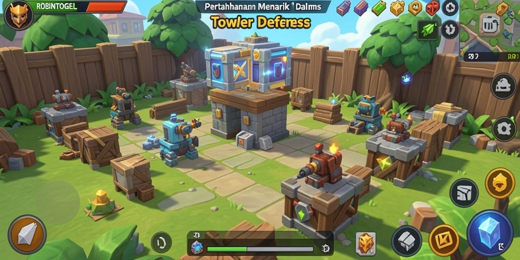 Tampilan gameplay ROBINTOGEL yang menegangkan dalam genre Tower Defense.